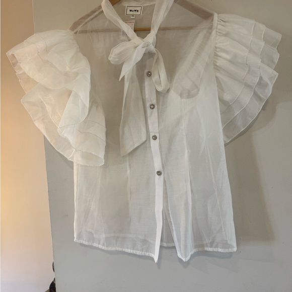 NWT WOWO White Sheer Blouse with Ruffle Sleeves - Picture 3 of 5